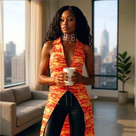 Orange Gradient Sleeveless High-Low Zip-Up Vest by One by One – Skyline Flame L - Picture 2 of 4